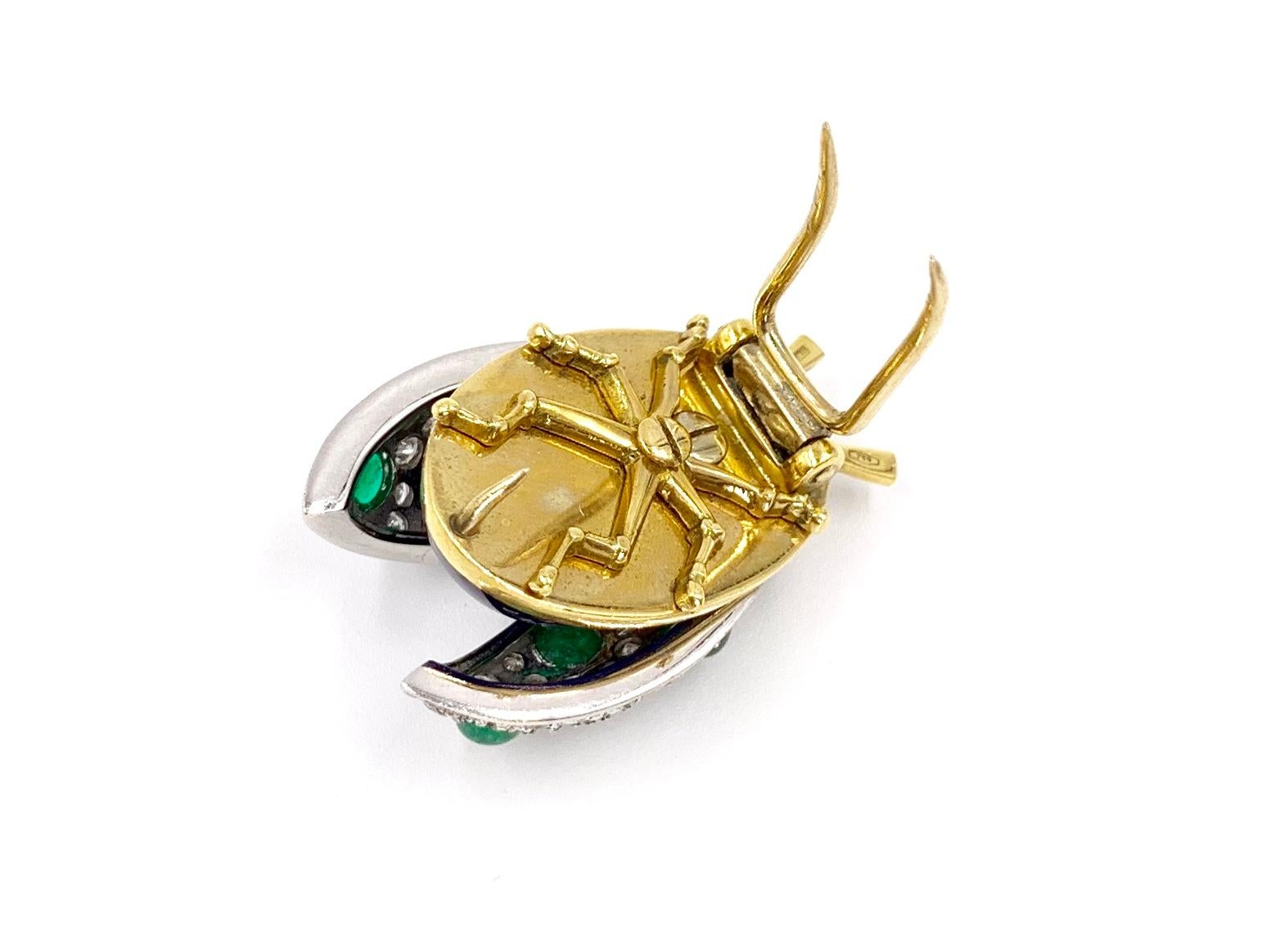 18 Karat Diamond, Emerald and Enamel Beetle Brooch For Sale 4