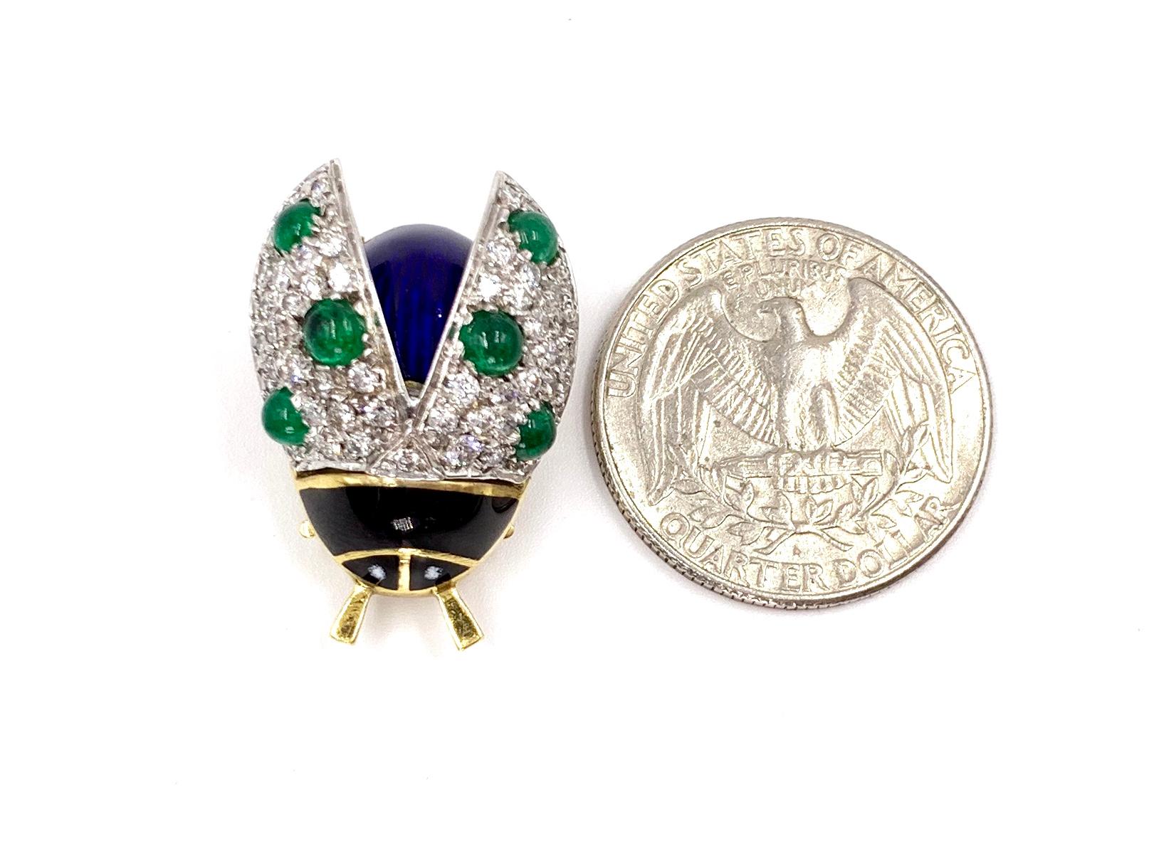 18 Karat Diamond, Emerald and Enamel Beetle Brooch For Sale 5