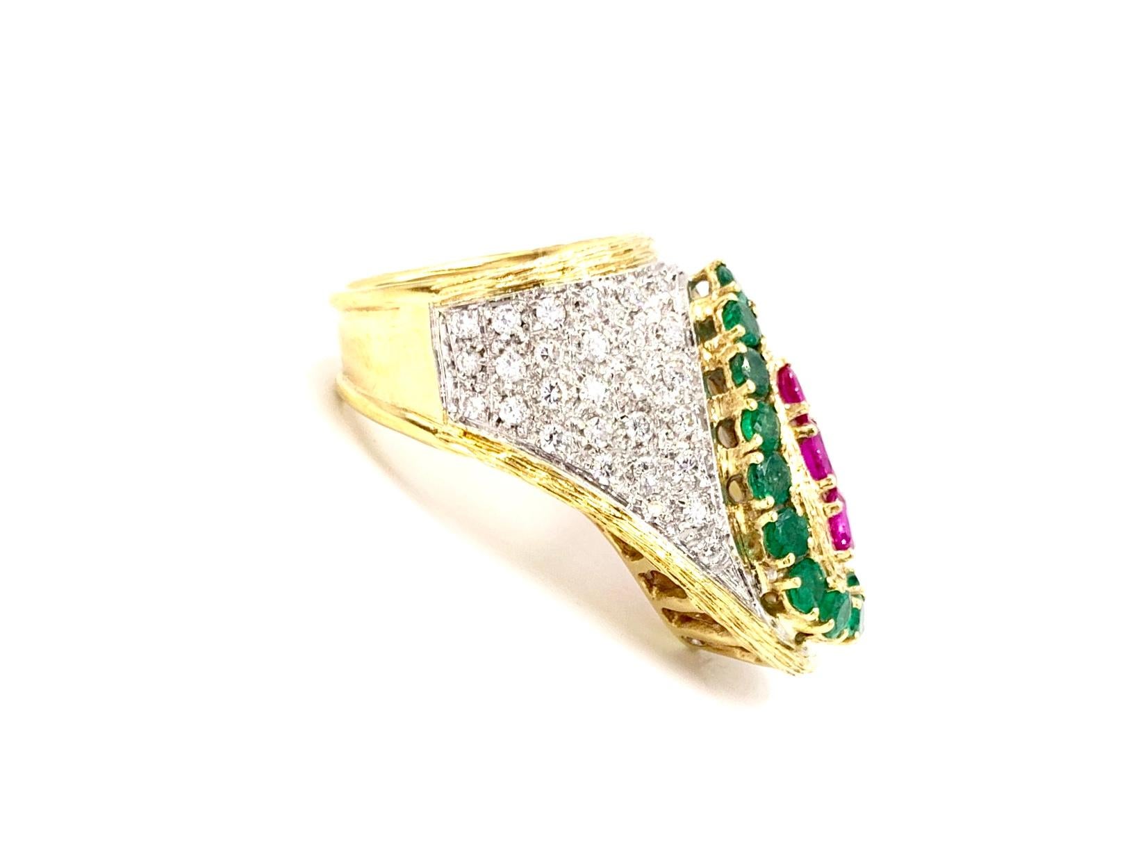 Byzantine 18 Karat Diamond, Emerald and Ruby Ring