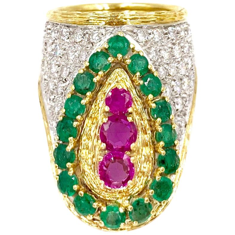 18 Karat Diamond, Emerald and Ruby Ring