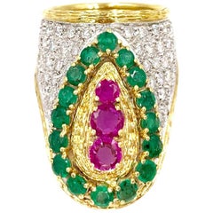 18 Karat Diamond, Emerald and Ruby Ring