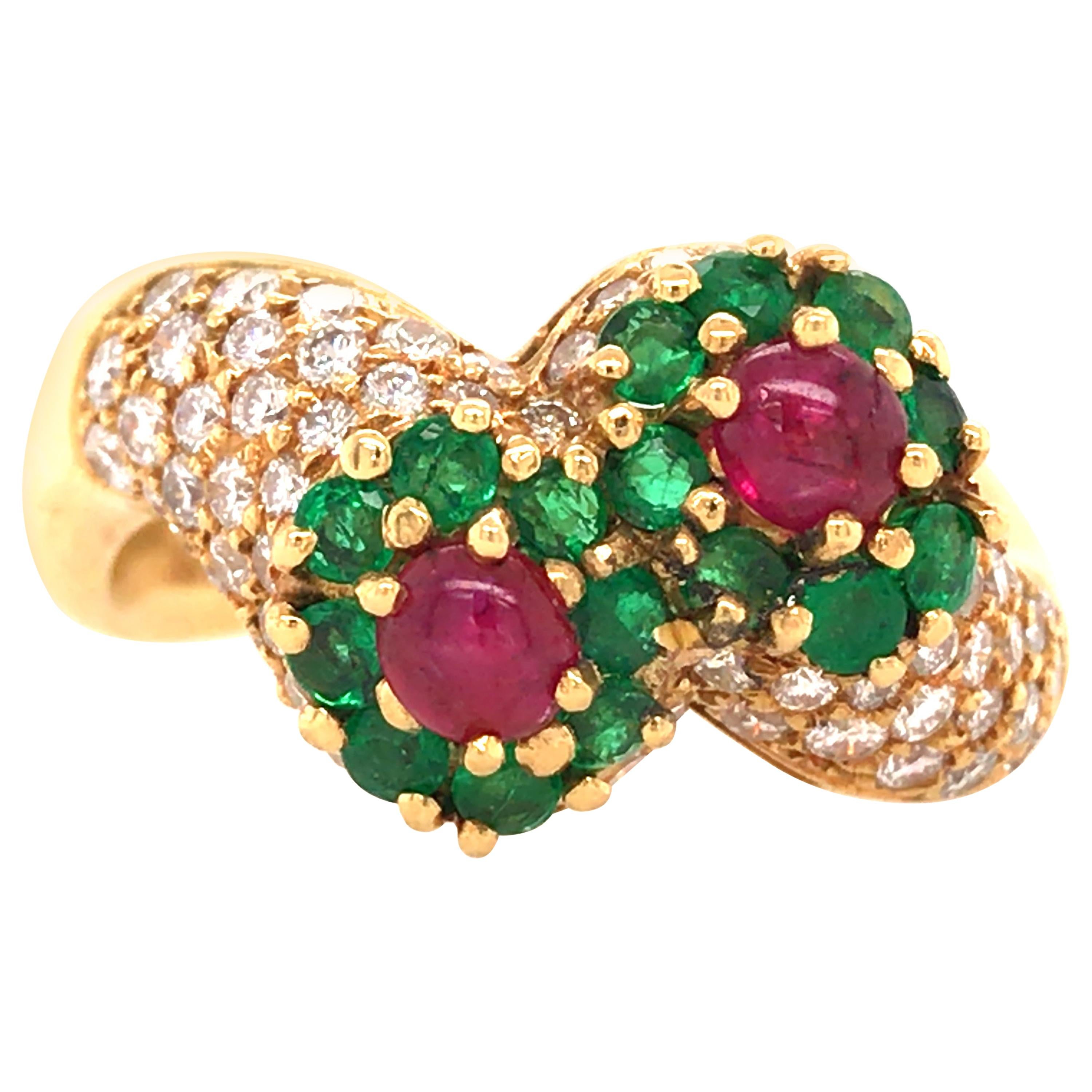 18 Karat Diamond, Emerald and Ruby Ring Yellow Gold