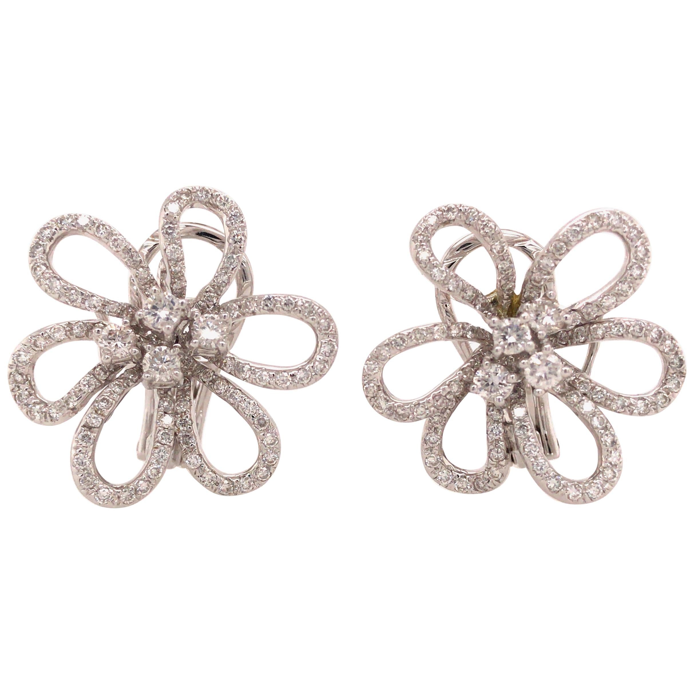 18 Karat Diamond Flower Shape Earrings White Gold