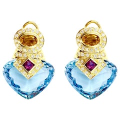 Vintage 18 Karat Diamond, Gemstone and Blue Topaz Drop Earrings