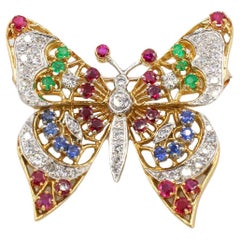 18 Karat Diamond & Gemstone Butterfly Pin Brooch