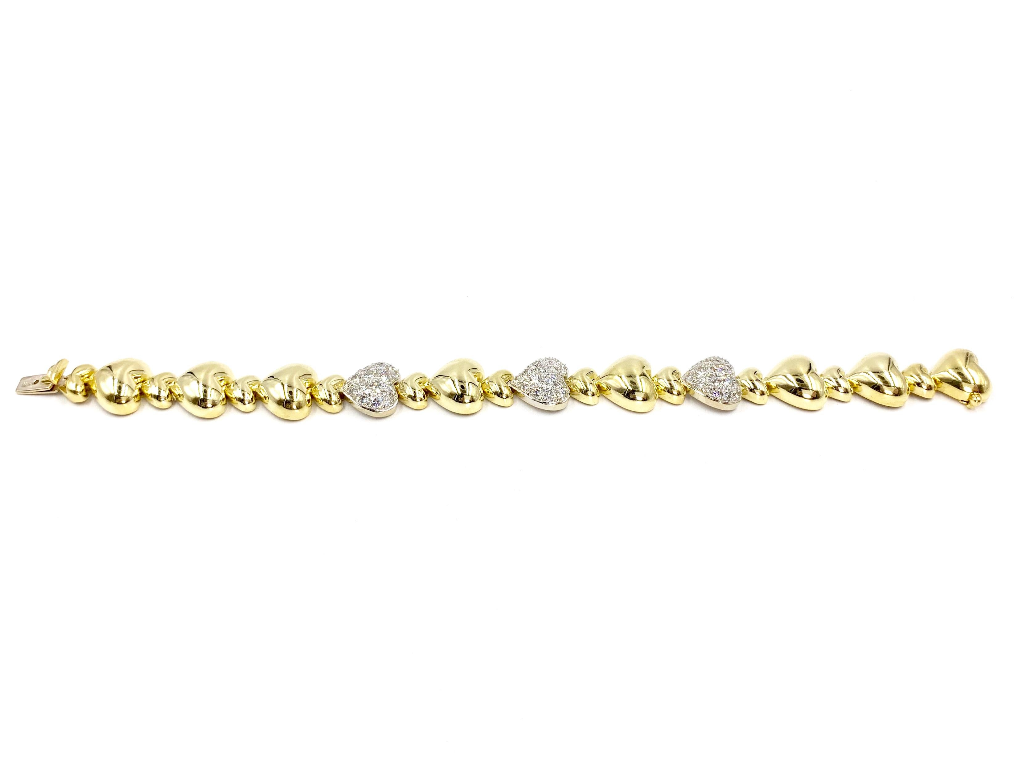 Crafted with superior quality by Sal Praschnik Inc. This high polished 18 karat yellow gold puffed-heart linked bracelet features three white gold hearts perfectly pave set with full cut round brilliant diamonds at 3.37 carats total weight. Diamond