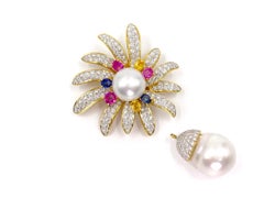 18 Karat Diamond, Multi-Color Sapphire and South Sea Pearl Brooch