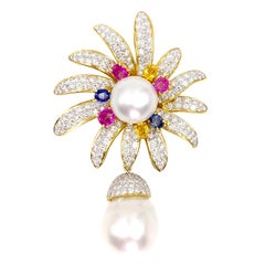 18 Karat Diamond, Multi-Color Sapphire and South Sea Pearl Brooch