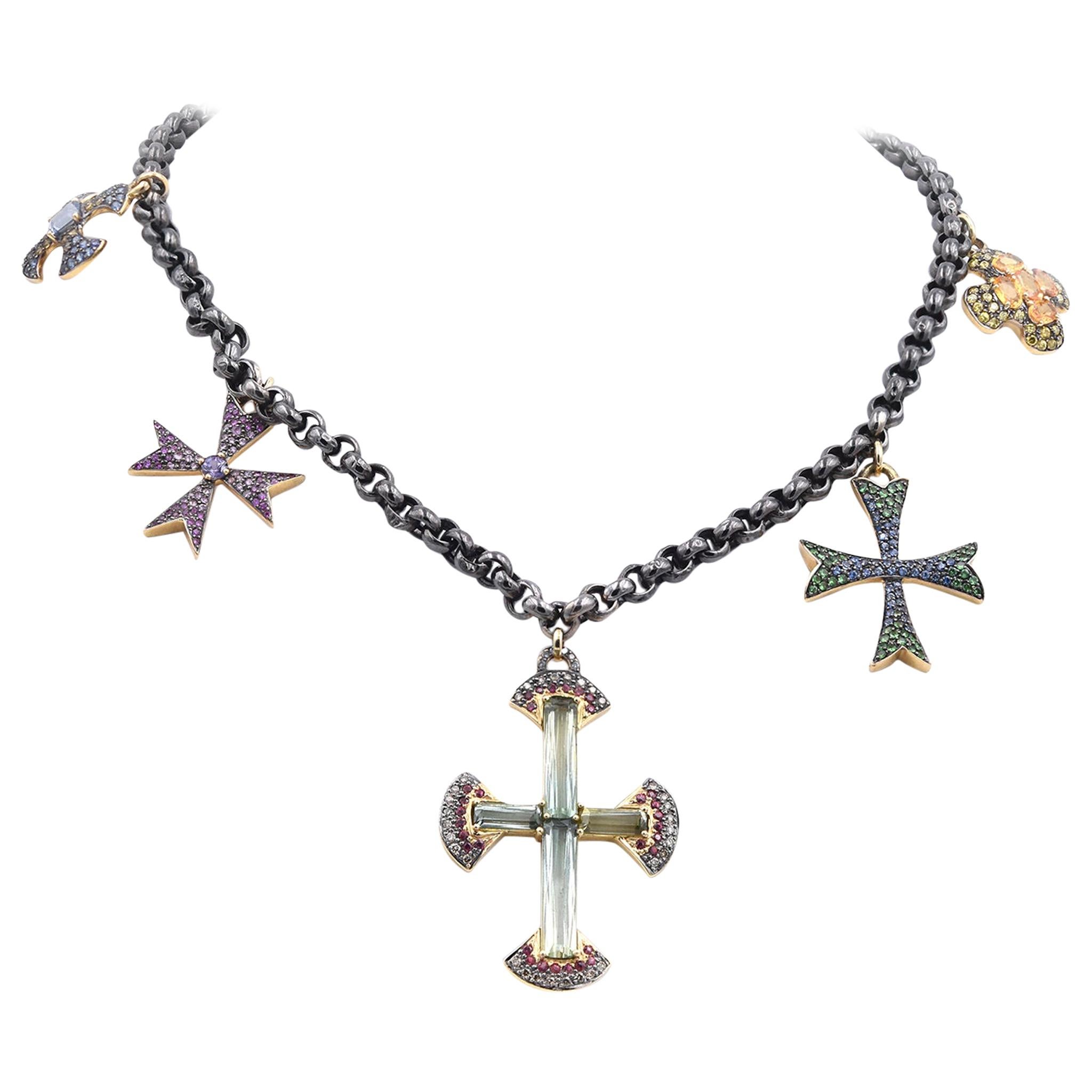 18 Karat Diamond, Multicolored Sapphire, and Green Tourmaline 5 Cross Necklace