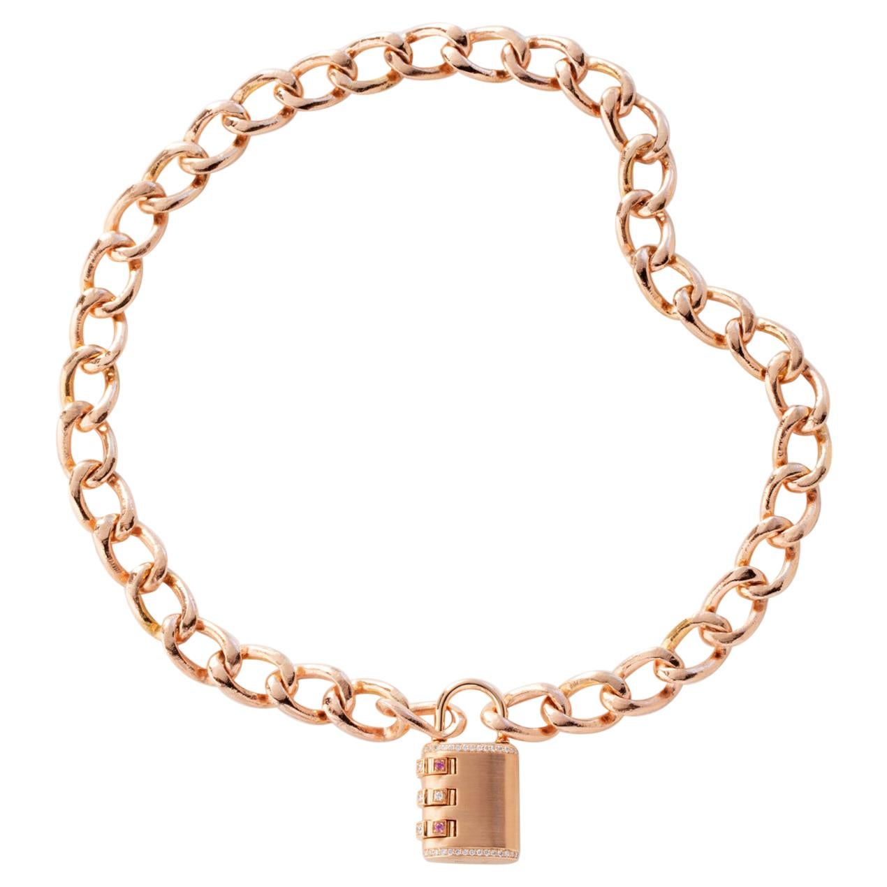 18 Karat Diamond Padlock Pendant with Handmade Curb Chain Necklace For Sale