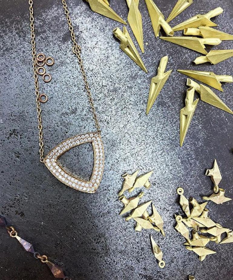 Women's or Men's 18 Karat Diamond Pave Geometric Faceted Trilogy Necklace