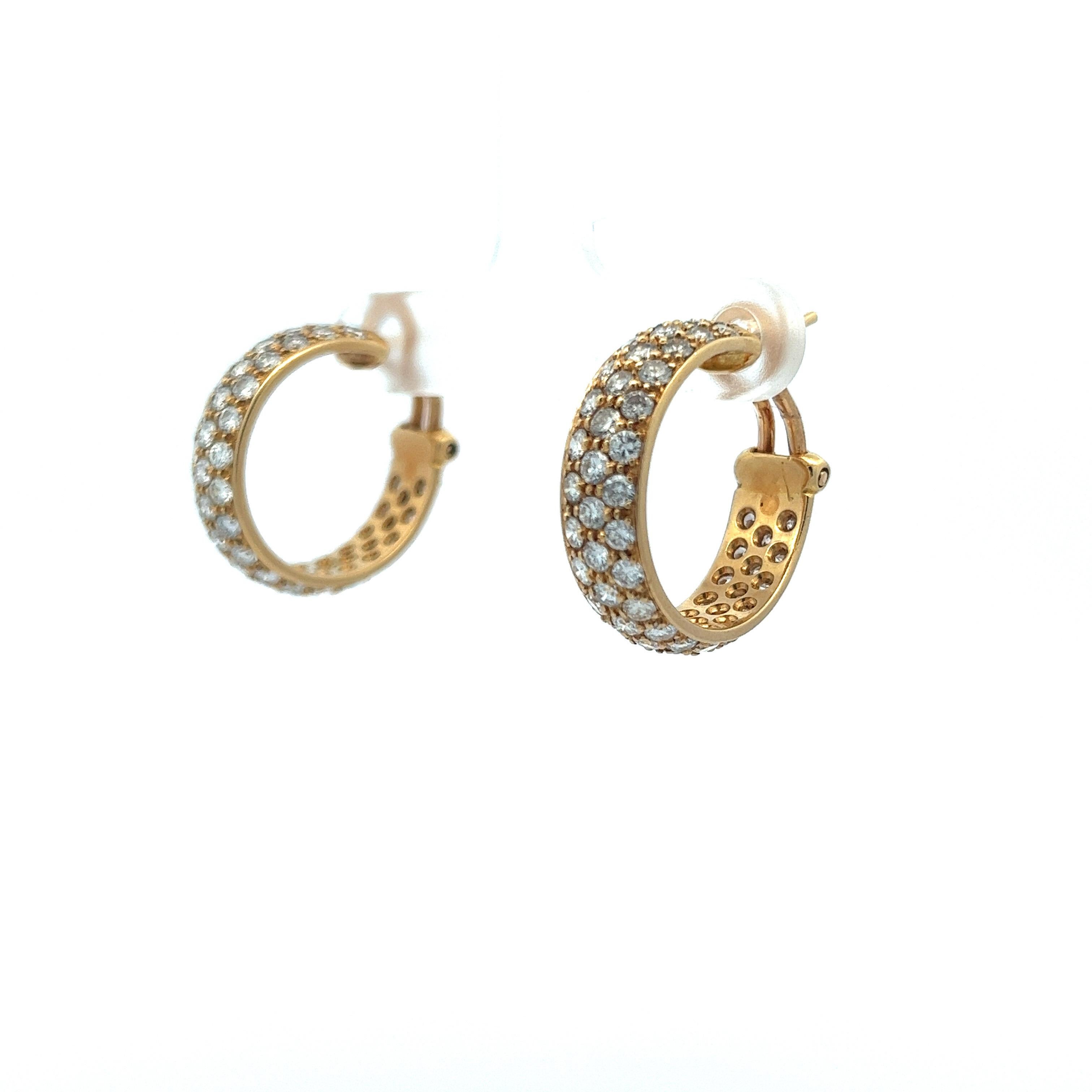 Modern 18 Karat Yellow Gold Diamond Pave Hoop Huggie Earrings 4.32 Carats For Sale