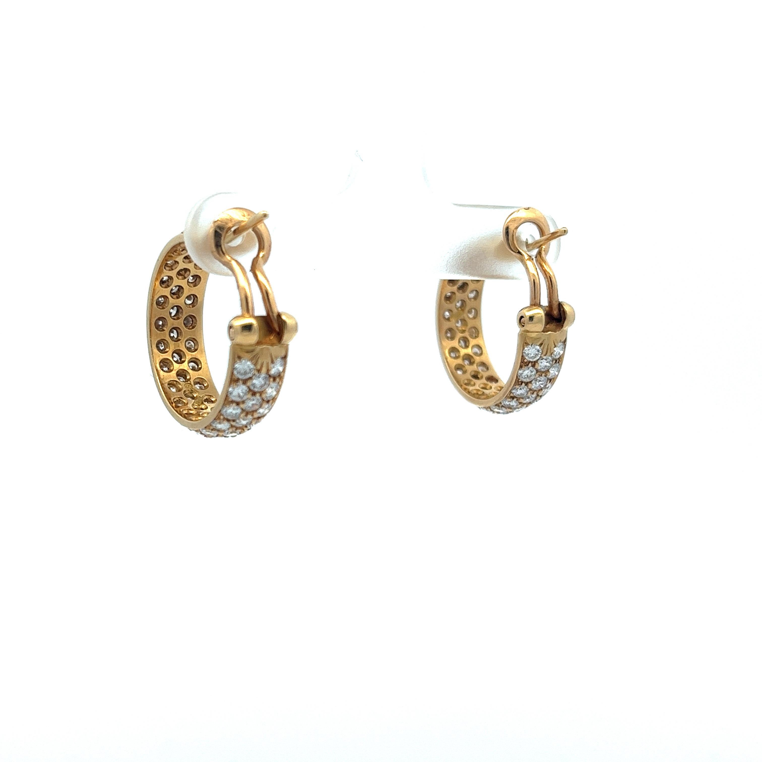 Round Cut 18 Karat Yellow Gold Diamond Pave Hoop Huggie Earrings 4.32 Carats For Sale