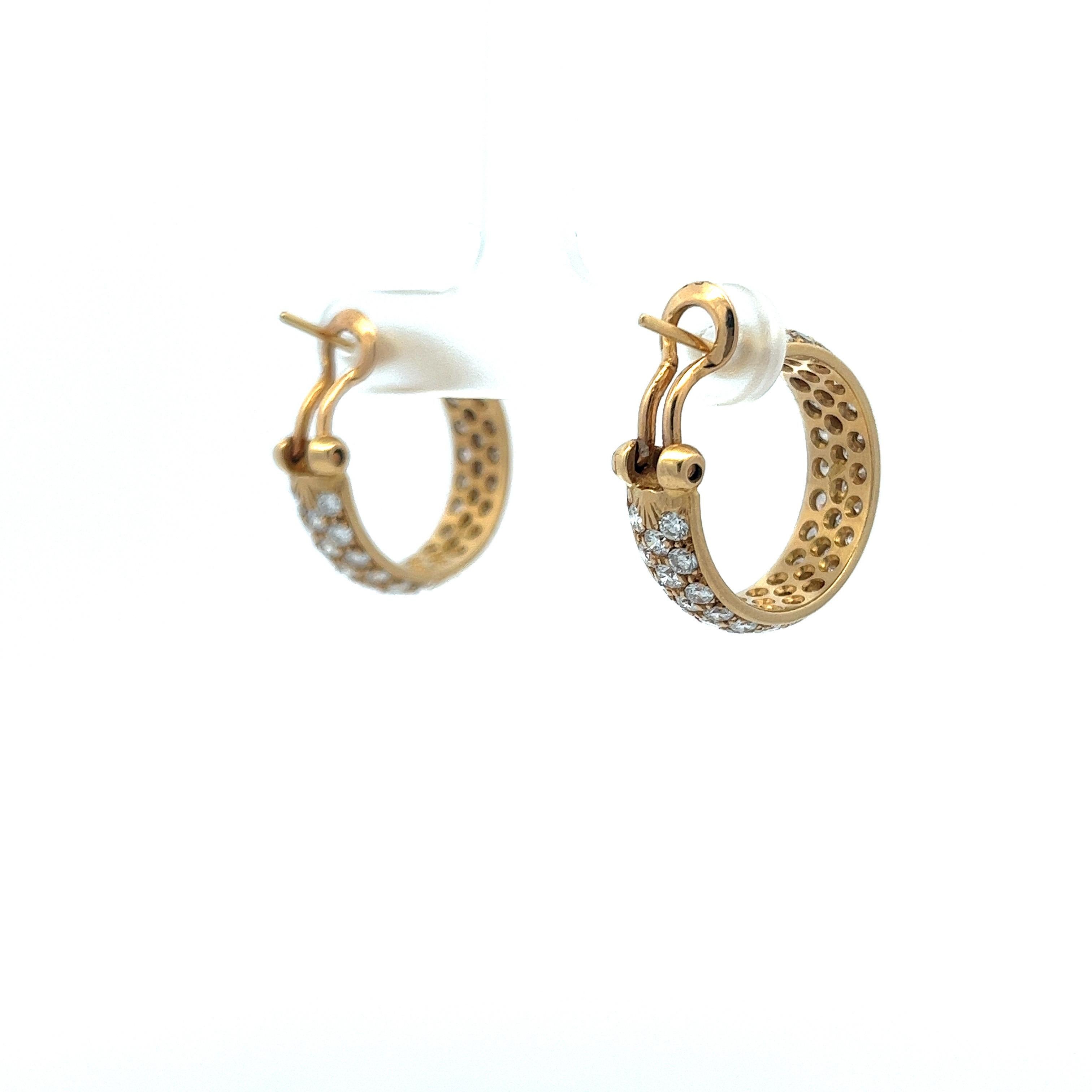 Women's 18 Karat Yellow Gold Diamond Pave Hoop Huggie Earrings 4.32 Carats For Sale