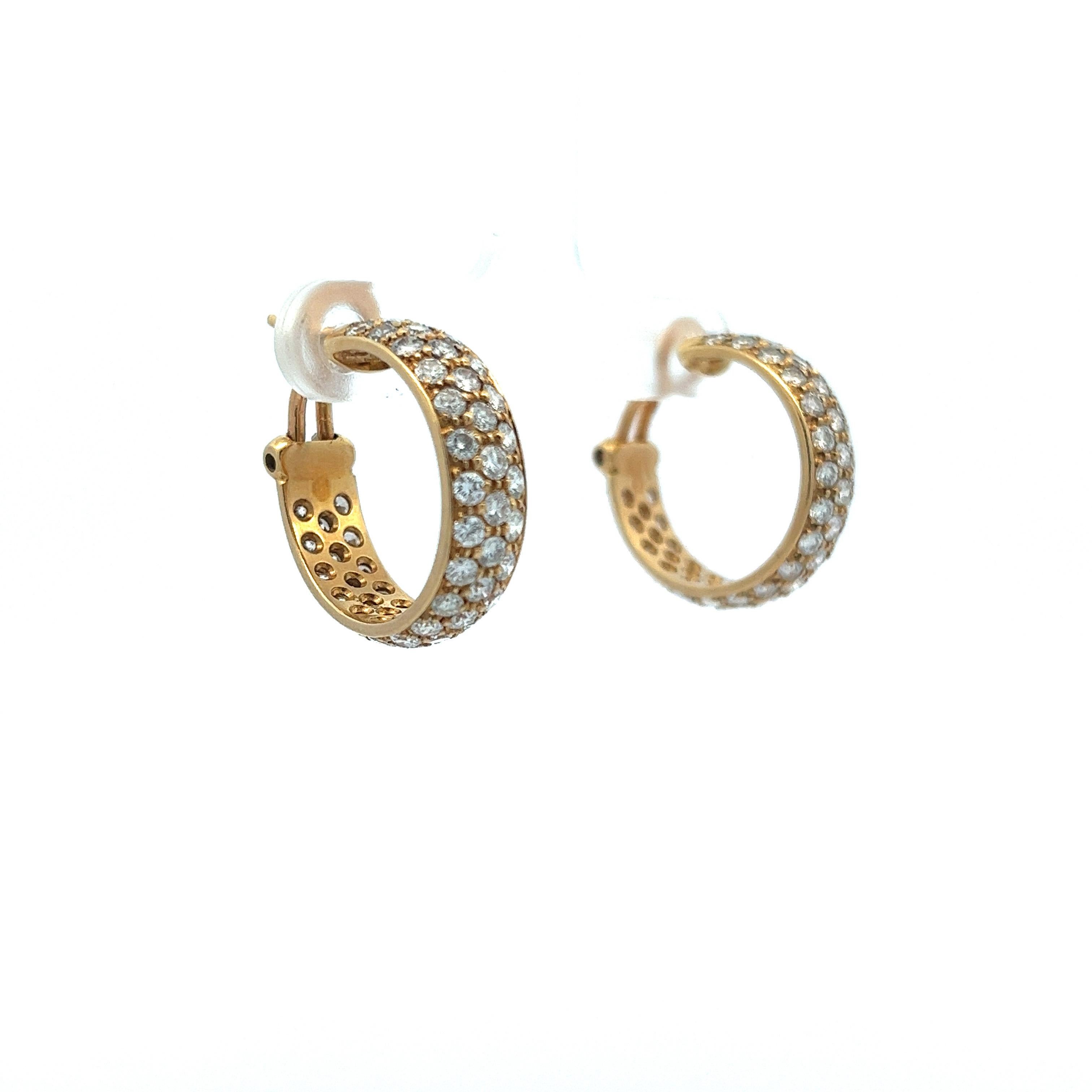 18 Karat Yellow Gold Diamond Pave Hoop Huggie Earrings 4.32 Carats For Sale 1