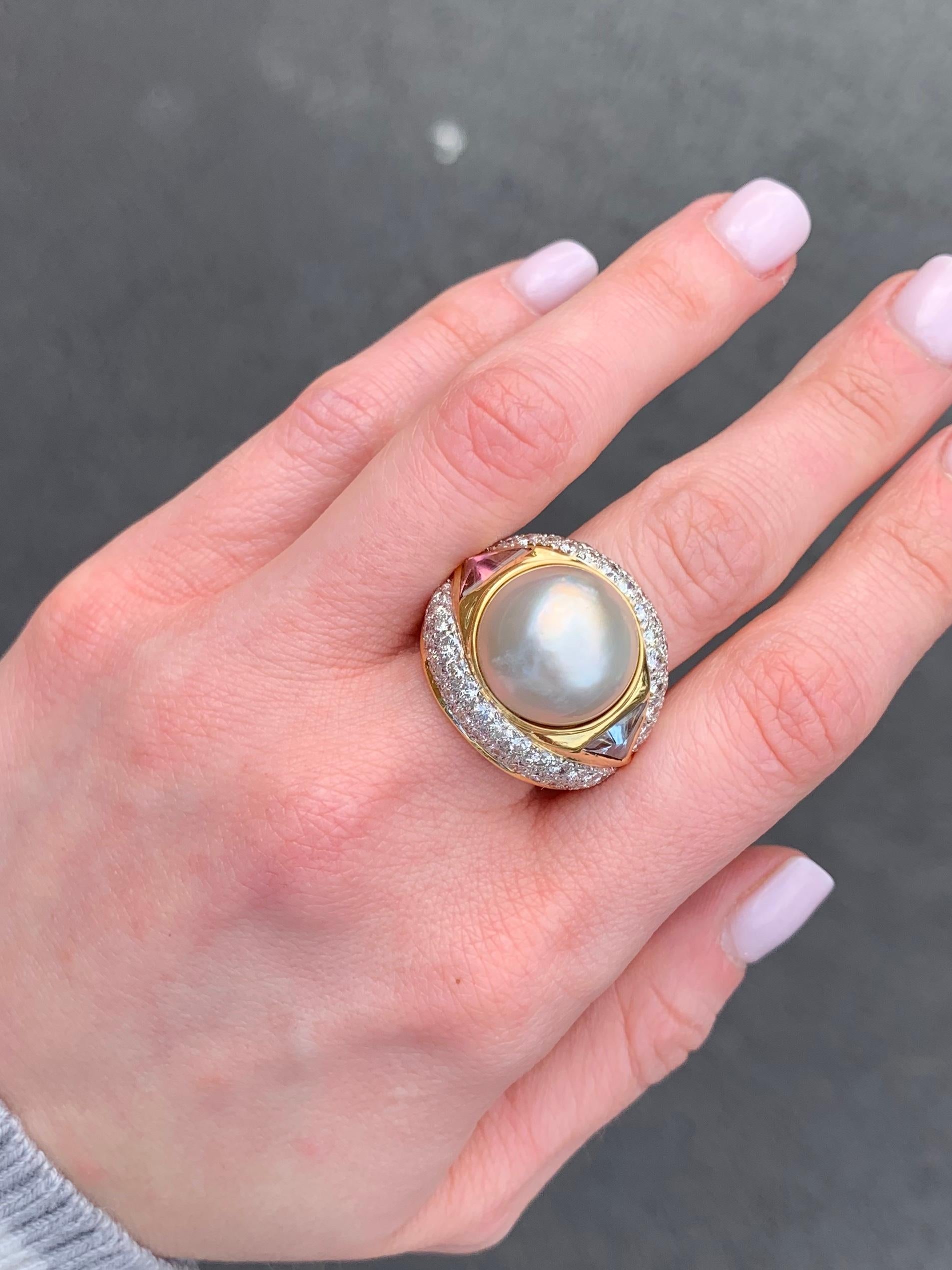 18 Karat Diamond, Pearl and Gemstone Cocktail Ring For Sale 2