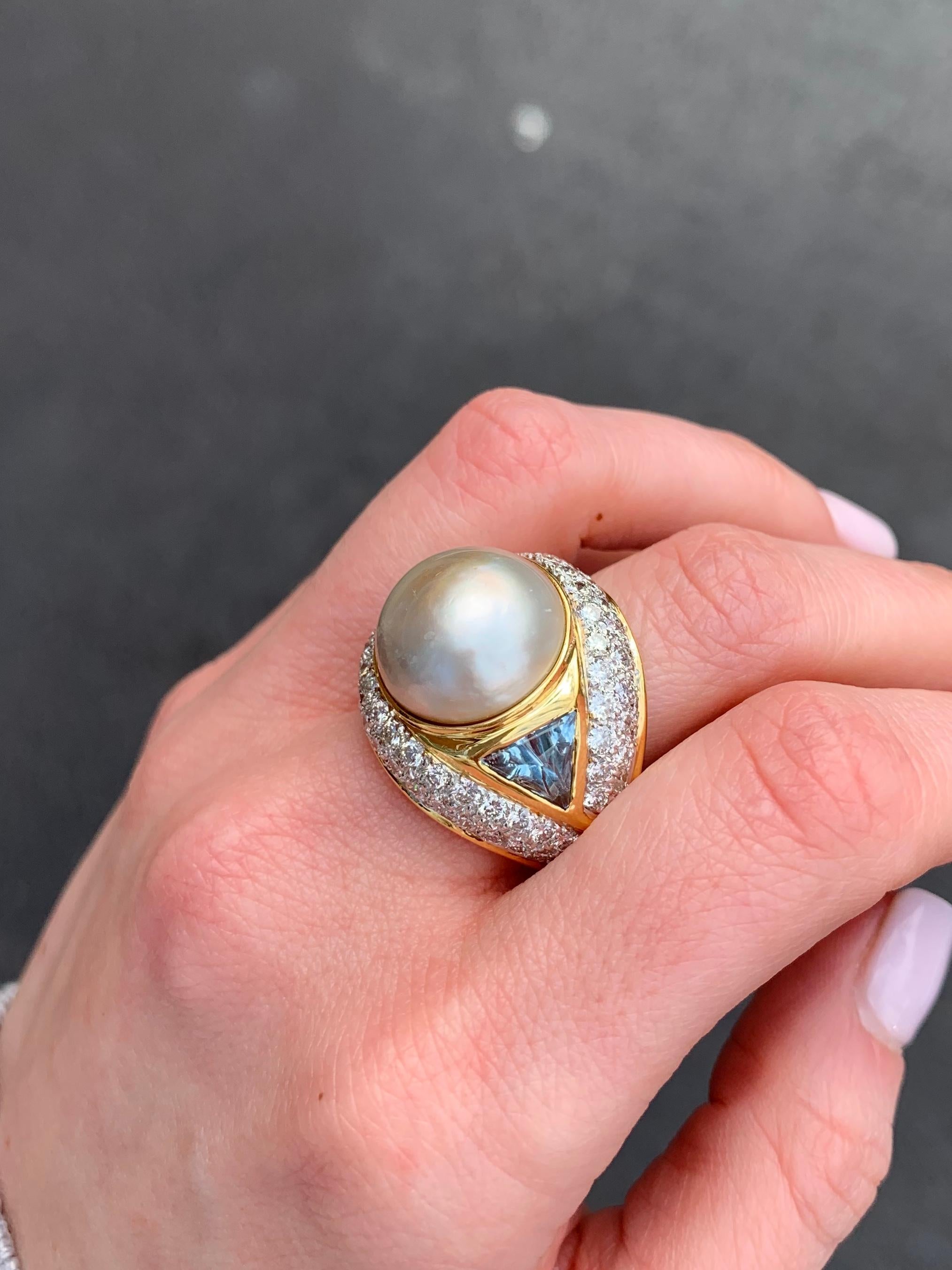 18 Karat Diamond, Pearl and Gemstone Cocktail Ring For Sale 3