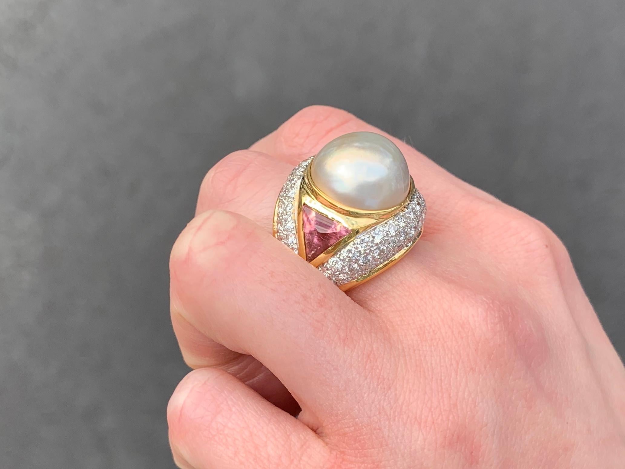 18 Karat Diamond, Pearl and Gemstone Cocktail Ring For Sale 4