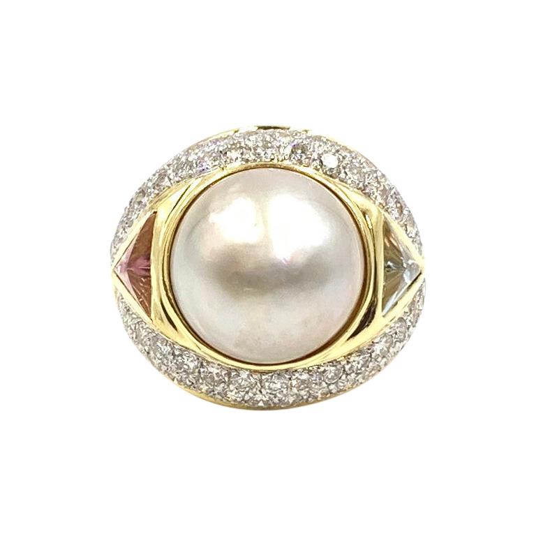18 Karat Diamond, Pearl and Gemstone Cocktail Ring For Sale