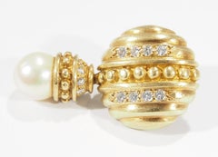 18 Karat Diamond Pearl Earrings Yellow Gold Dangle Drop Omega Back