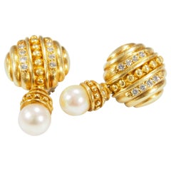 18 Karat Diamond Pearl Earrings Yellow Gold Dangle Drop Omega Back
