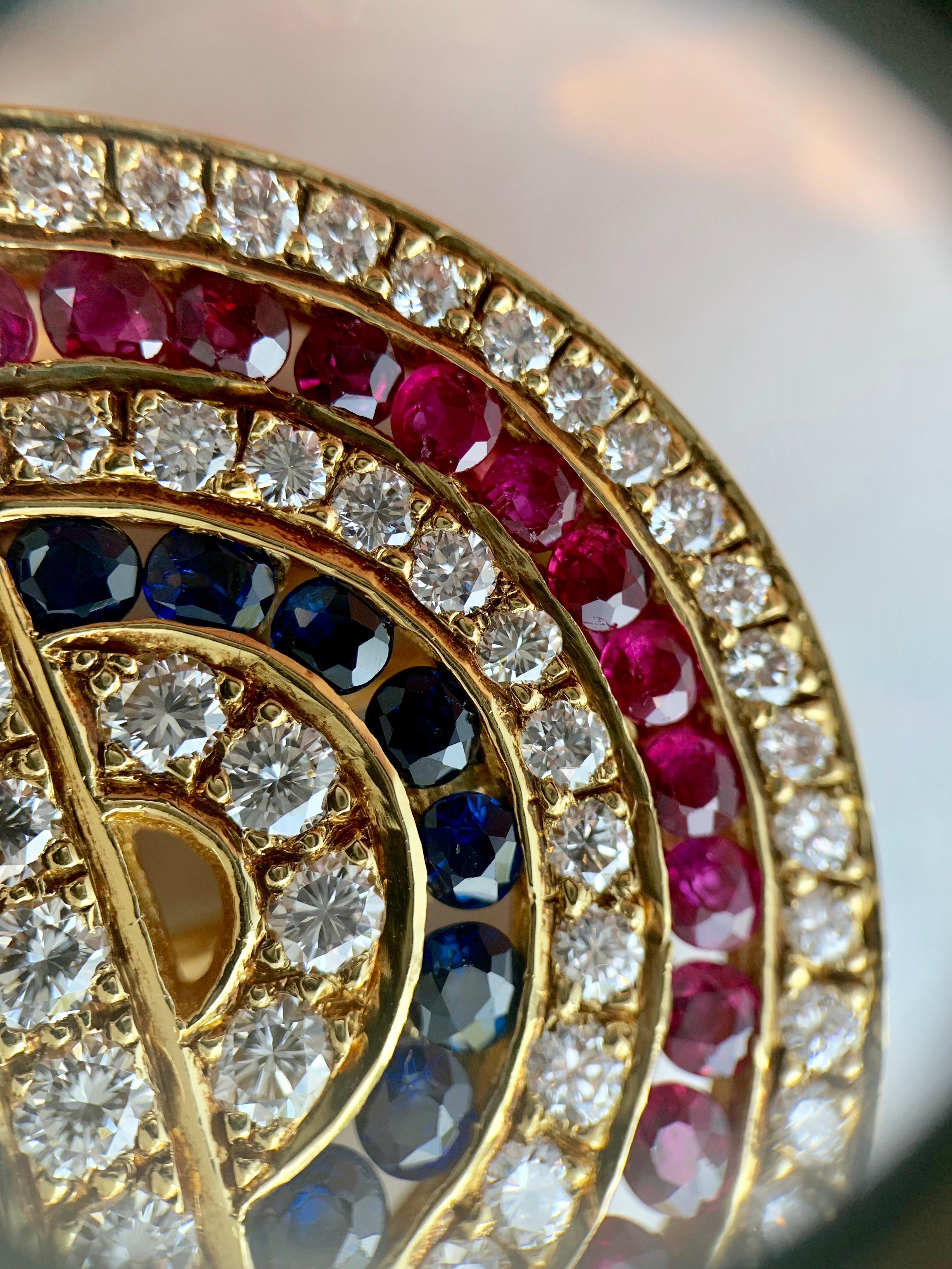 18 Karat Diamond, Ruby and Sapphire Circle Medallion Pendant or Brooch For Sale 4