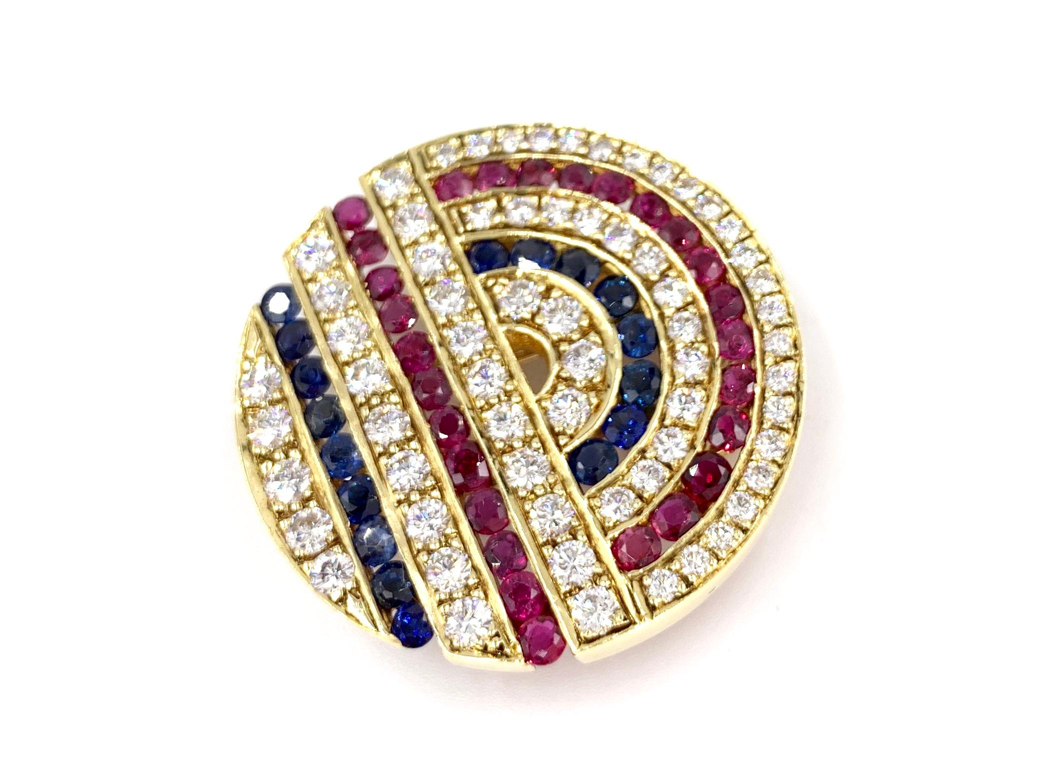 Art Deco 18 Karat Diamond, Ruby and Sapphire Circle Medallion Pendant or Brooch For Sale