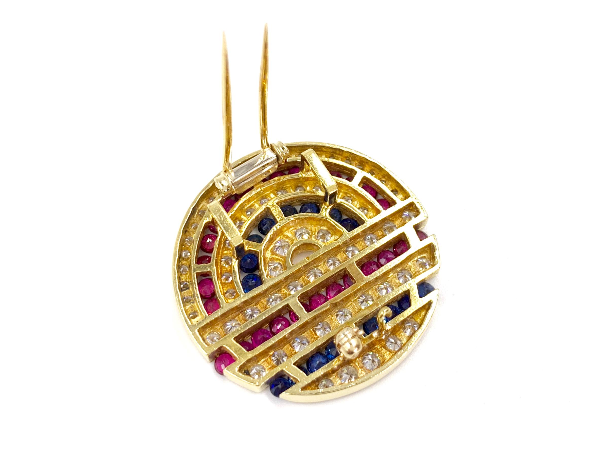Round Cut 18 Karat Diamond, Ruby and Sapphire Circle Medallion Pendant or Brooch For Sale