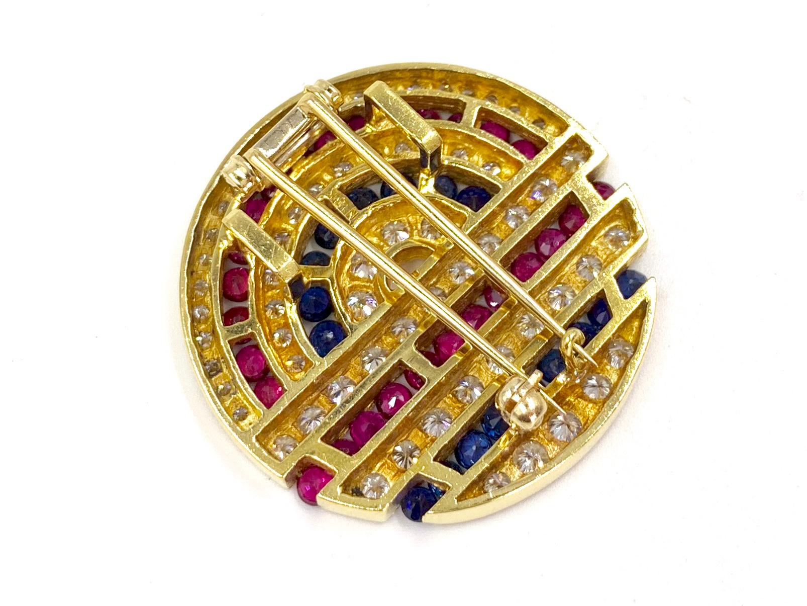18 Karat Diamond, Ruby and Sapphire Circle Medallion Pendant or Brooch In Excellent Condition For Sale In Pikesville, MD