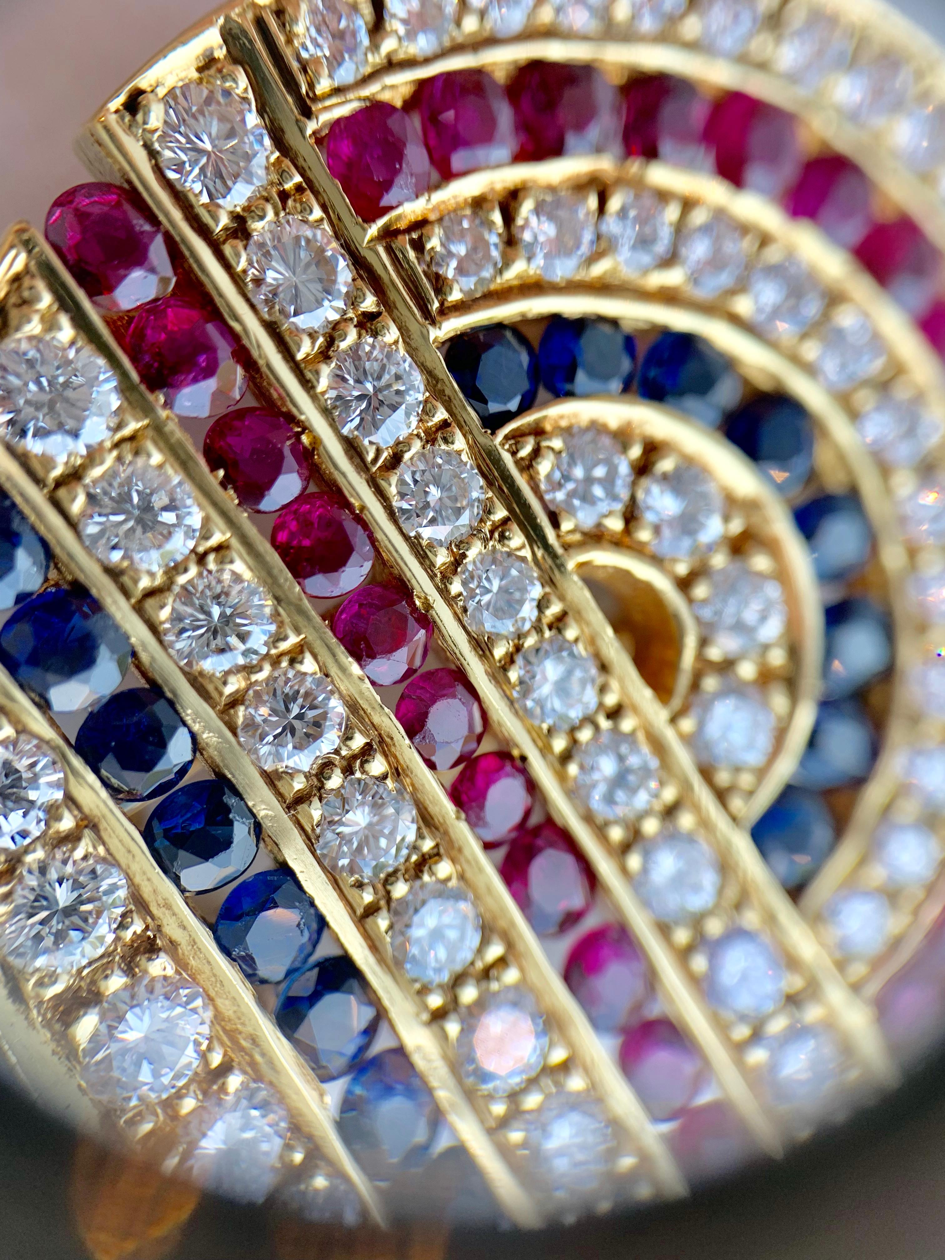 18 Karat Diamond, Ruby and Sapphire Circle Medallion Pendant or Brooch For Sale 1