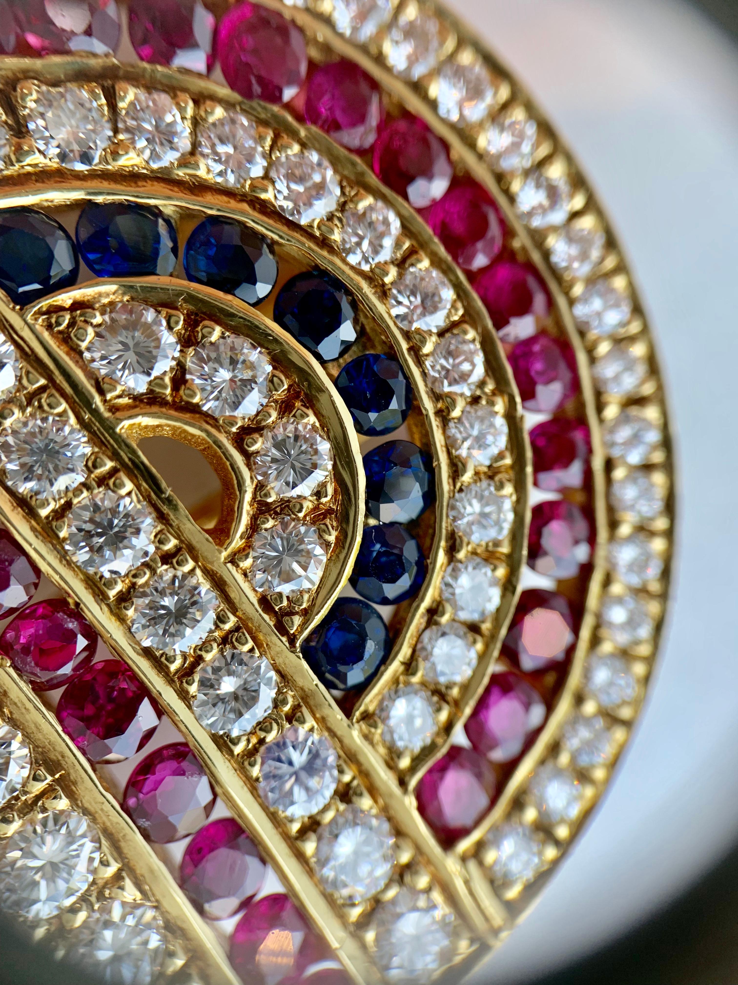 18 Karat Diamond, Ruby and Sapphire Circle Medallion Pendant or Brooch For Sale 3