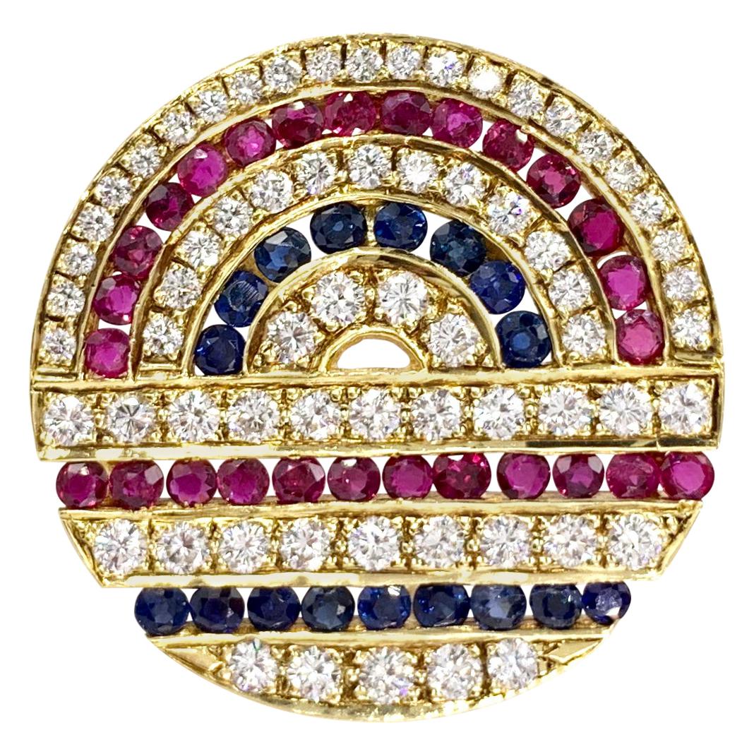 18 Karat Diamond, Ruby and Sapphire Circle Medallion Pendant or Brooch For Sale