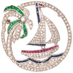 18 Karat Diamond, Ruby, Sapphire and Emerald Sailboat Pin White Gold