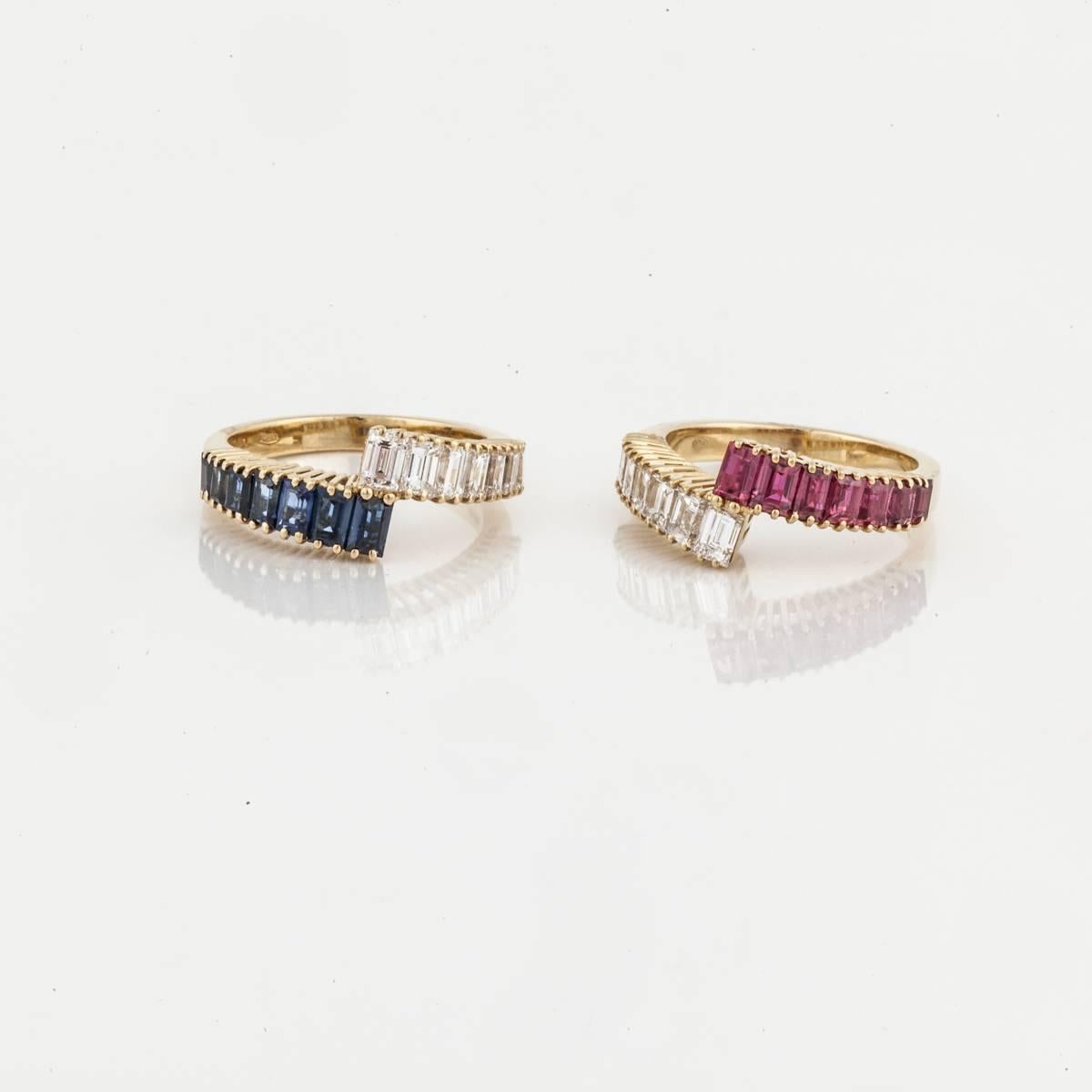 Baguette Cut Diamond/Ruby and Diamond/Sapphire Nesting Crossover Rings in 18K Gold