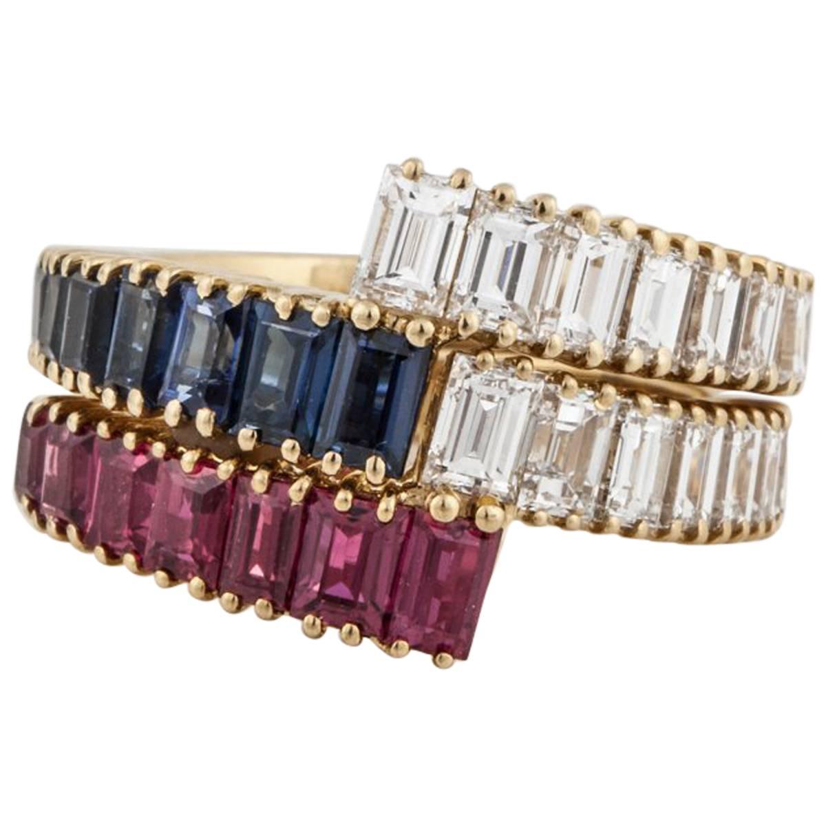 Diamond/Ruby and Diamond/Sapphire Nesting Crossover Rings in 18K Gold