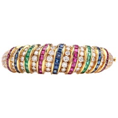 Retro 18 Karat Diamond Sapphire Emerald Ruby Gold Bangle Bracelet