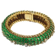 18 Karat Diamond Snake Bracelet Yellow Gold Green Enamel