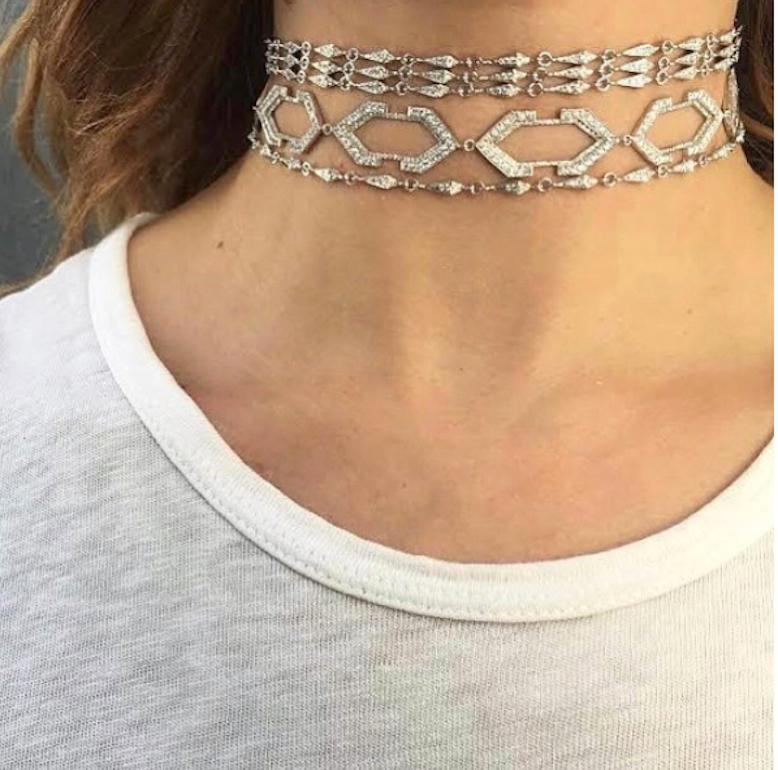 18k Diamond Stardust Chain Choker Necklace features one row of white diamond pave geometric pyramids strung in a line across the neck set in 18k White Gold. 
Includes 18k White Gold lobster clasp closure at back of the neck with jump rings to be