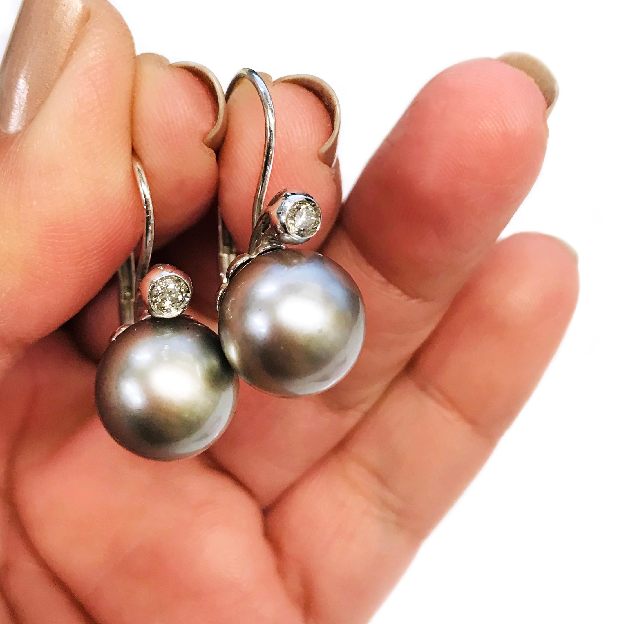 18 Karat Diamond Tahitian Silver Pearl Earrings For Sale 1
