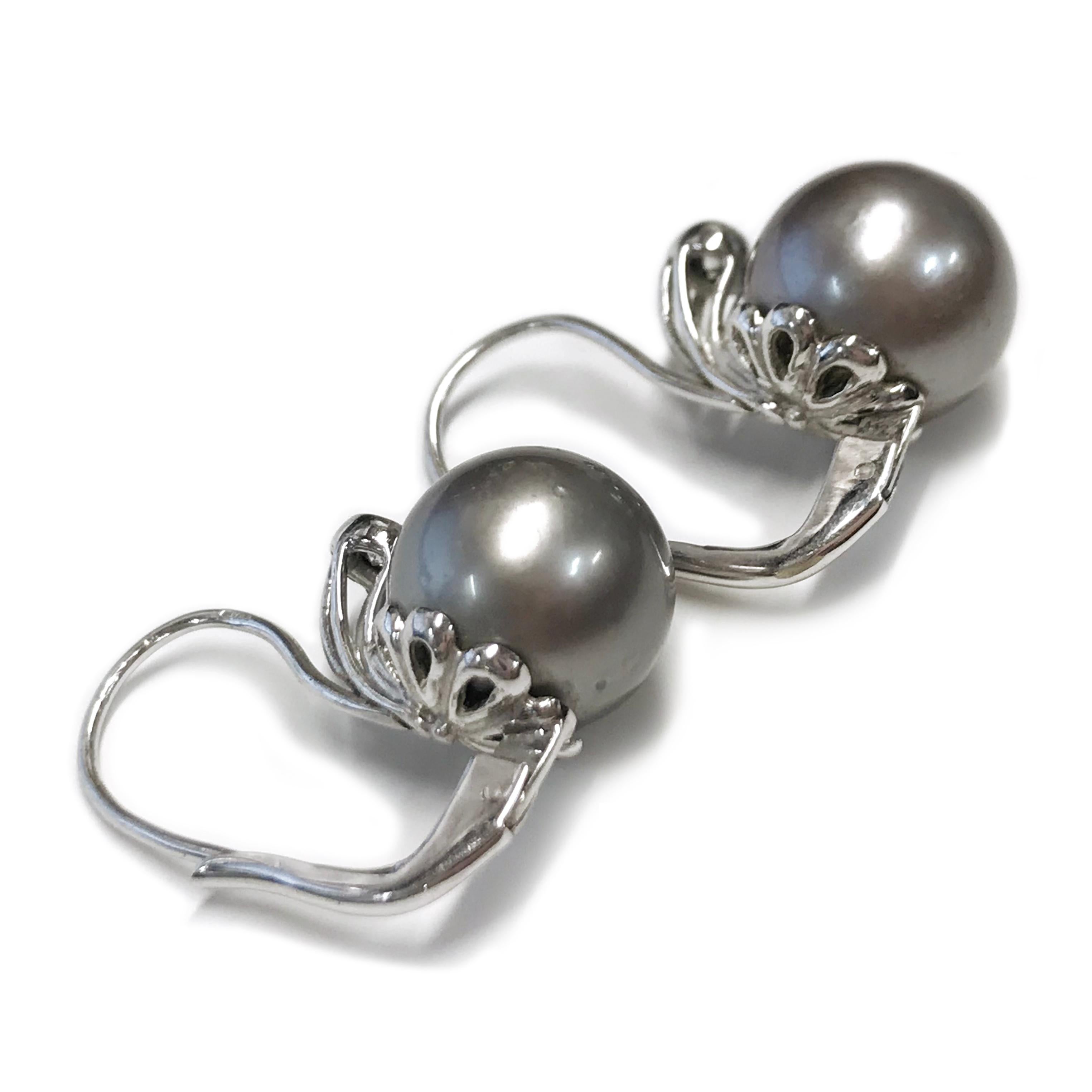 Women's or Men's 18 Karat Diamond Tahitian Silver Pearl Earrings For Sale