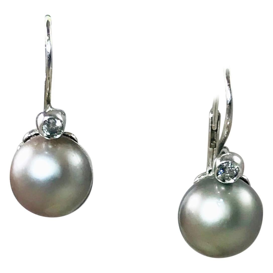 18 Karat Diamond Tahitian Silver Pearl Earrings For Sale