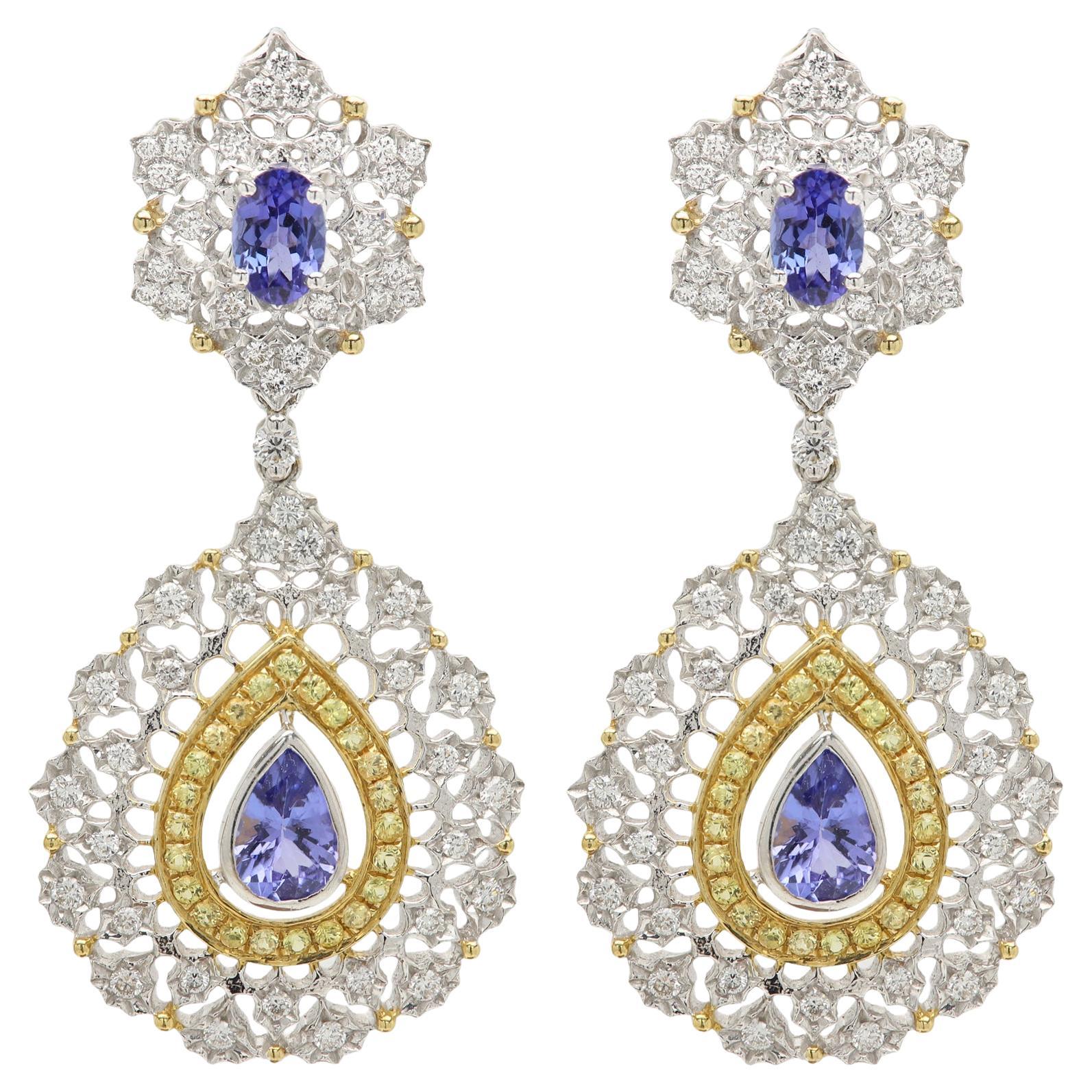 Orecchino in tanzanite con diamante 18 carati, orecchino a lampadario rimovibile e intercambiabile. in vendita