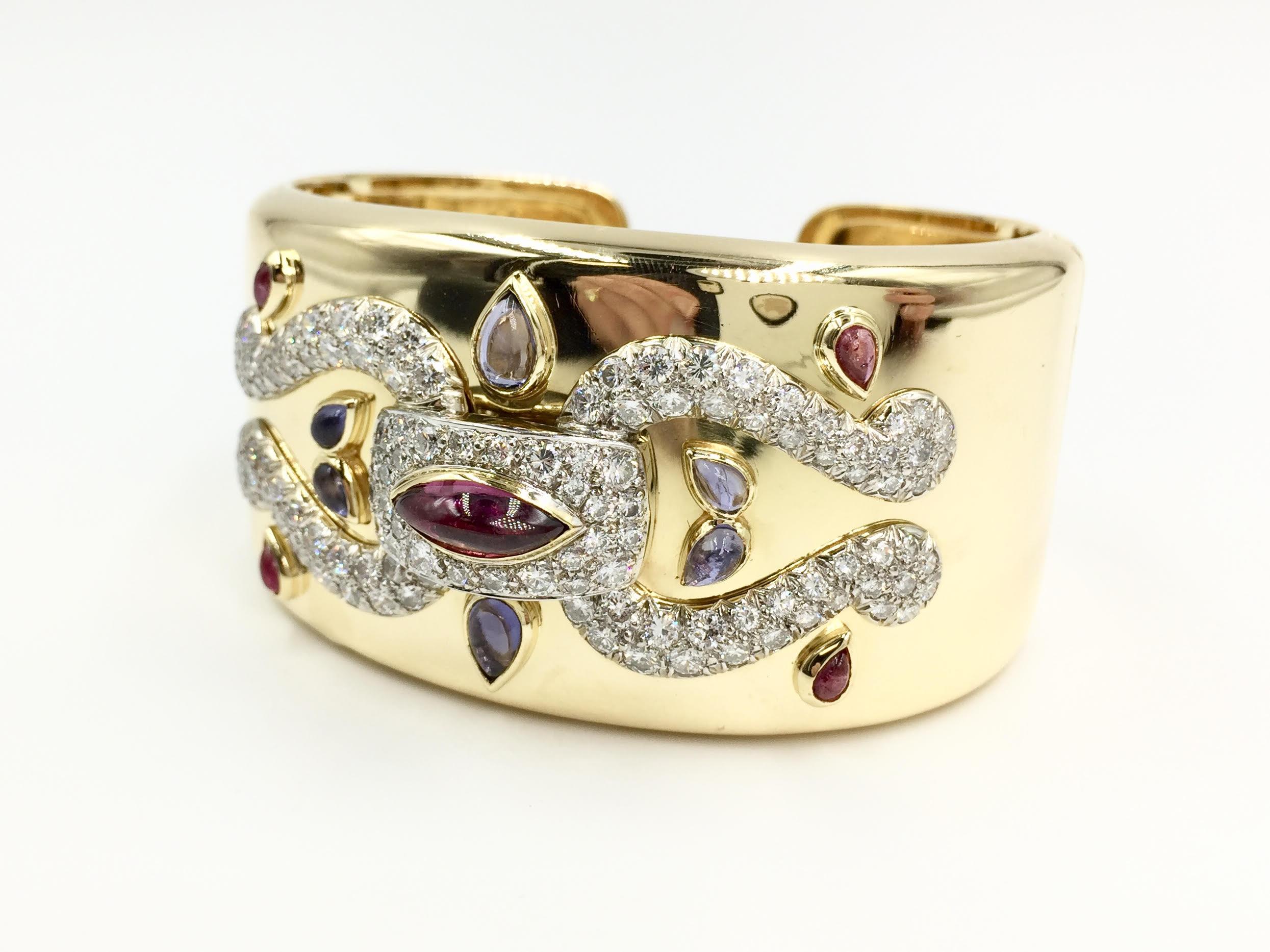 Women's 18 Karat Diamond, Tourmaline and Iolite Wide Cuff Bracelet For Sale