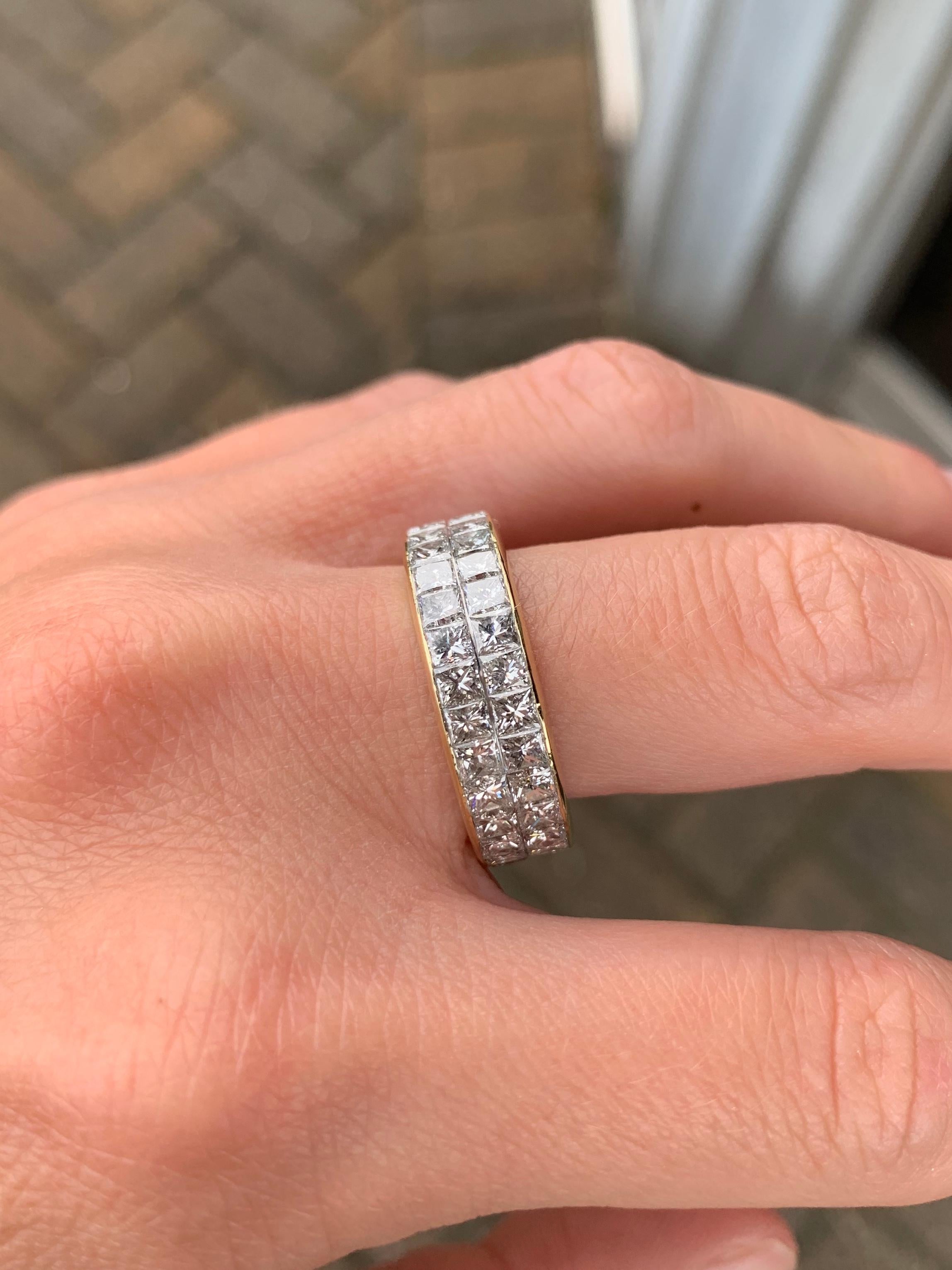 18 Karat Double Row Princess Cut Diamond Eternity Band In Good Condition For Sale In Pikesville, MD