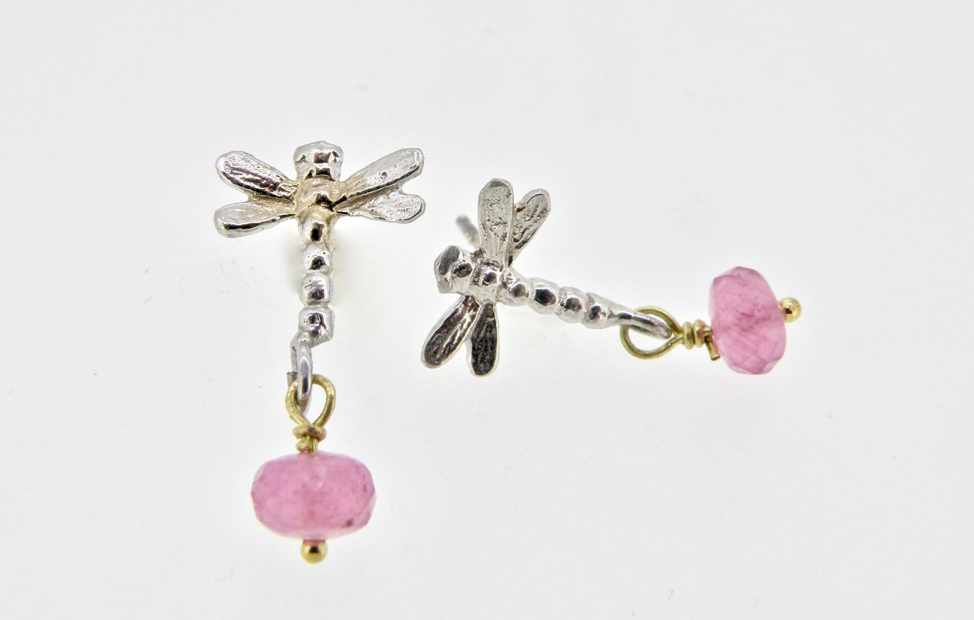 18 karat Dragonfly earrings with pink sapphire drops