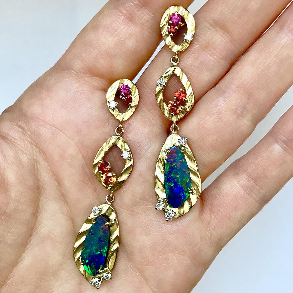 Contemporary 18 Karat Drop Earrings with Blue Opal and Multi Color Sapphires and Diamonds For Sale