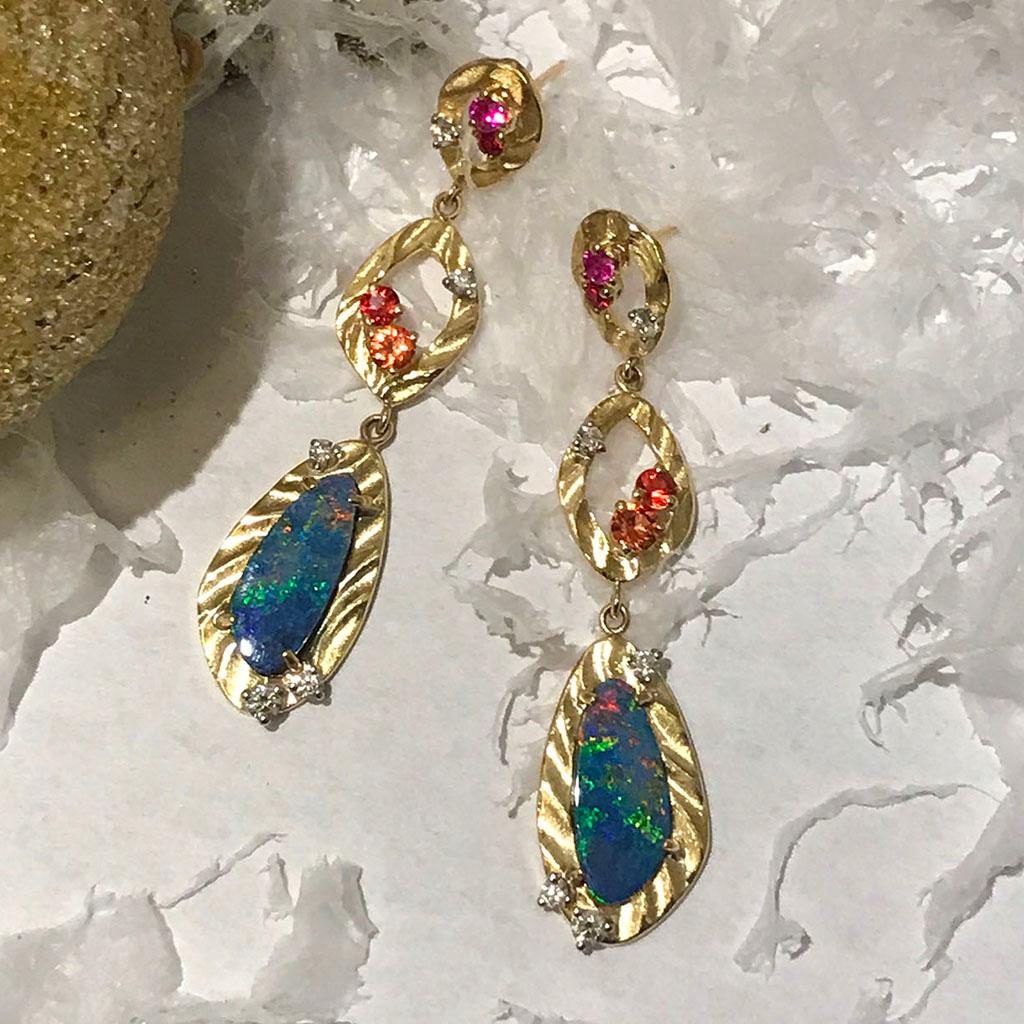Brilliant Cut 18 Karat Drop Earrings with Blue Opal and Multi Color Sapphires and Diamonds For Sale