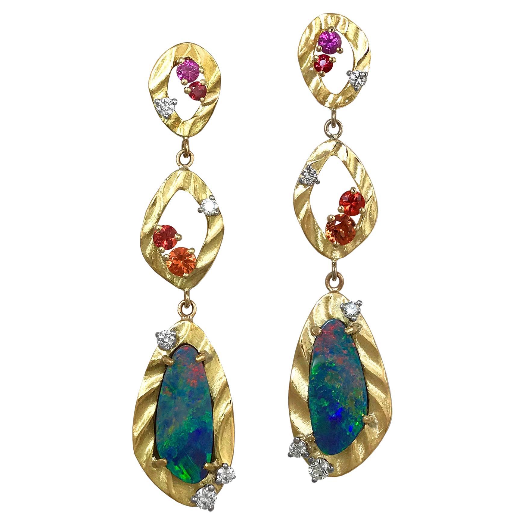 18 Karat Drop Earrings with Blue Opal and Multi Color Sapphires and Diamonds For Sale
