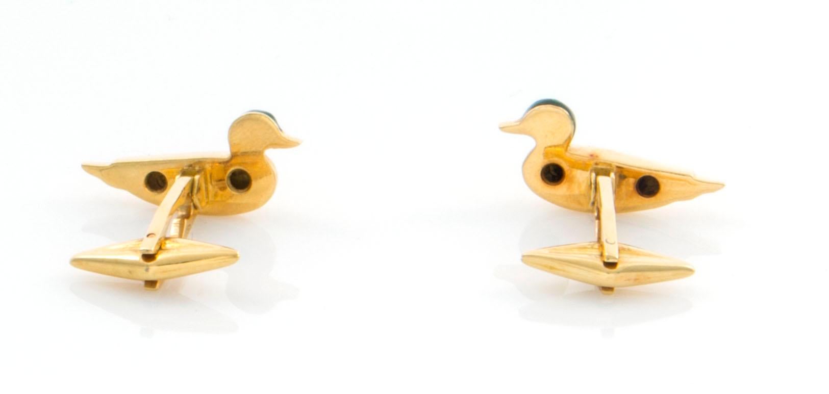 Artisan 18 Karat Duck Cufflinks with Enamel and Diamond Eyes with Rotatable Whale Backs For Sale