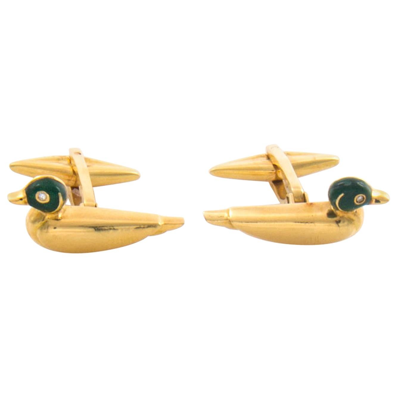 18 Karat Duck Cufflinks with Enamel and Diamond Eyes with Rotatable Whale Backs For Sale